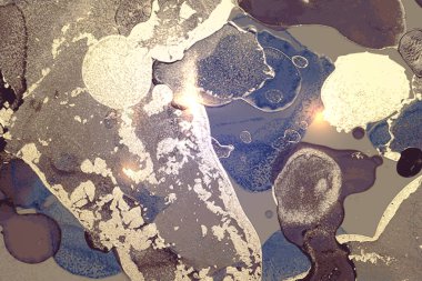 Blue, violet and gold pattern with texture of marble and sparkles. Abstract vector background in alcohol ink technique. Modern paint with glitter. Template for banner, poster design. Fluid art