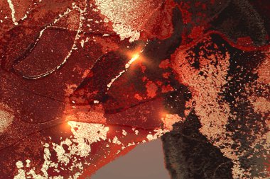 Red, black and gold pattern with texture of marble and sparkles. Abstract vector background in alcohol ink technique. Modern paint with glitter. Template for banner, poster design. Fluid art