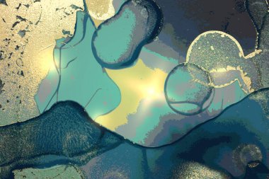 Turkuaz, mavi ve altın soyut alkol mürekkep mermer dokusu