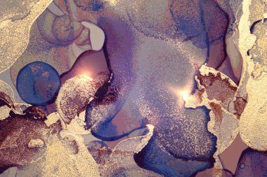 Mavi, mor ve altın soyut arka plan. Alkol mürekkebi mermer dokusu