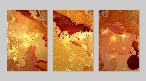 Conjunto de patrones de mármol. Texturas de geoda dorada y naranja con brillo — Archivo Imágenes Vectoriales