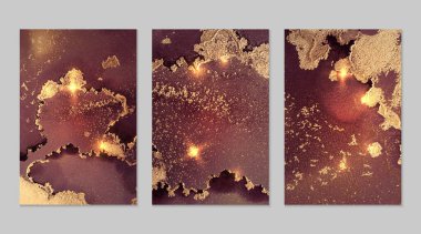 Mermer altın seti, kestane rengi ve leylak rengi arkaplan.