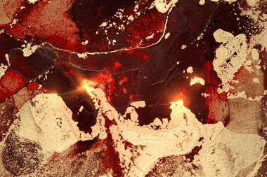 Kırmızı, siyah ve altın soyut mermer desenli, parıltılı.