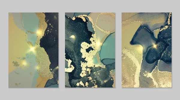 Ensemble en marbre de fonds dorés, bleus et turquoise avec texture — Image vectorielle