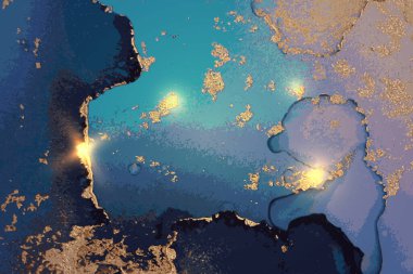 Modern aquamarine mavi ve altın arkaplan boya sıçrama ve altın parıltı ile