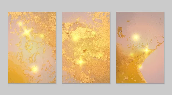 Set of abstract yellow, pink and gold backgrounds with marble texture and shining glitter — Stock Vector