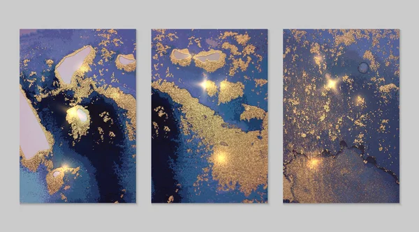 Conjunto de fondos abstractos azul oscuro y dorado con textura de mármol y brillo brillante — Archivo Imágenes Vectoriales