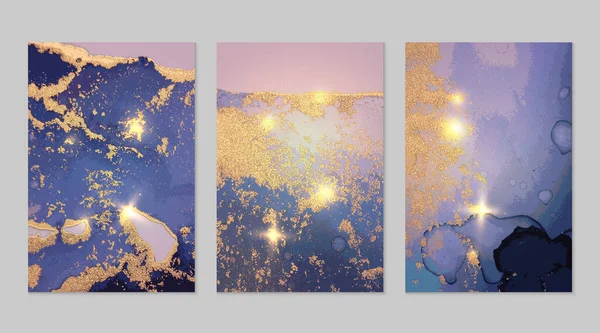 Set van blauwe en gouden abstracte marmeren achtergronden — Stockvector