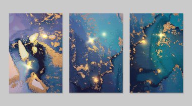 Mermer desenli soyut mavi ve altın rengi alkol deseni