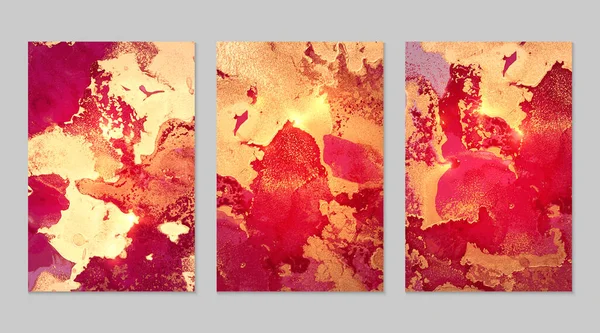 Abstrato vermelho, magenta e ouro padrão de tinta álcool com textura de mármore Vetores De Bancos De Imagens