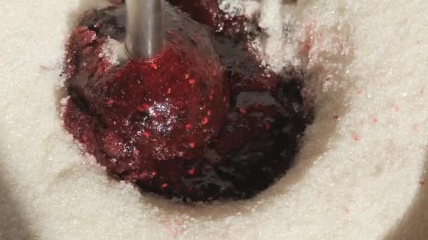 Grinding Raspberries Sugar Operation Electric Blender Preparations Winter Fresh Red — Stock Video