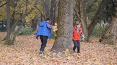 Çocuklar büyük bir ağacın gövdesinde koşup sonbahar sarısı yapraklarını fırlatırlar..
