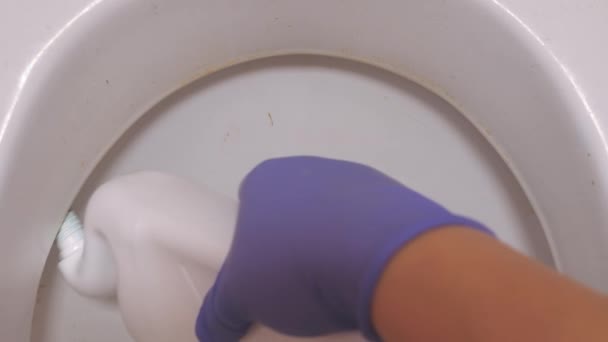 Siram air di toilet. Pengobatan di bawah tepi toilet dengan agen antibakteri. — Stok Video