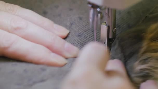 縫製工場だ。工業用ミシンで縫製する女性。手を閉じる。2枚の布をつなぐ. — ストック動画