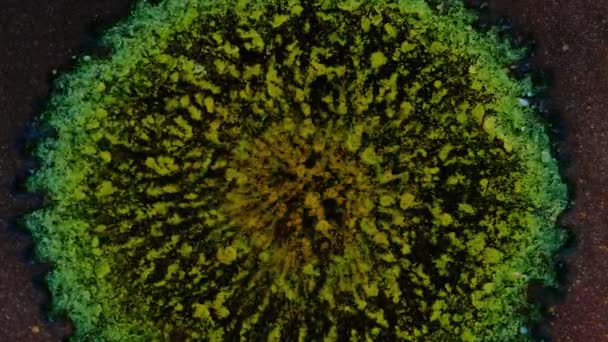 Zielony, żółty, niebieski wybuch, cząsteczki latające w różnych kierunkach. Sztuka żywicy. — Wideo stockowe