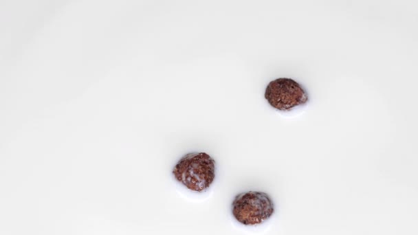 Des boules de chocolat. Boules de céréales de maïs au chocolat tombant dans le lait biologique au ralenti. — Video