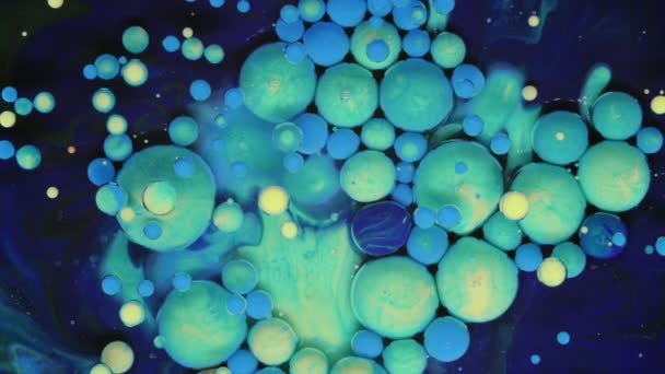 Burbujas azules, blancas y turquesas sobre un fondo azul. Abstracciones líquidas. — Vídeos de Stock