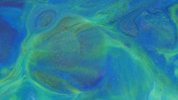 Blu-verde, strisce gialle sullo sfondo blu letto. Spazi di inchiostro profondi. L'onda di esplosione si diffonde in cerchio. Pitture miscelanti. — Video Stock