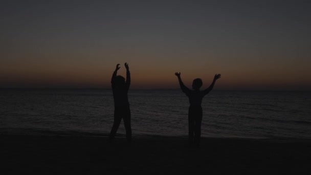 Silhuetter av barn mot havet. Solnedgång. — Stockvideo
