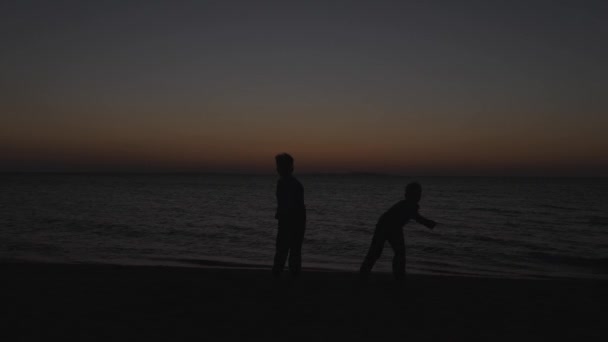 Silhouetten van kinderen tegen de zee. Zonsondergang. — Stockvideo