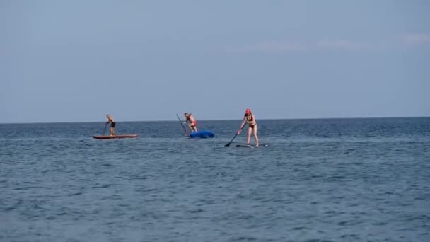 Silueta de un hombre flotando en un mar azul sobre una tabla con una paleta. — Vídeos de Stock