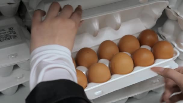 女性は鶏の卵を選択し、すべての側面から卵を調べ、泡箱で彼女の手でそれらに触れる. — ストック動画