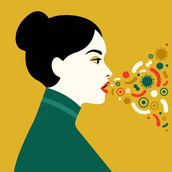 Personaje Femenino Estornudando Tosiendo Ilustración Vectorial Estilo Plano — Vector de stock