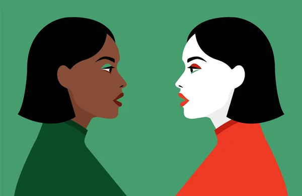 Dos Mujeres Perfil Hermandad Comunidad Niñas Diferentes Naciones Ilustración Plana — Vector de stock