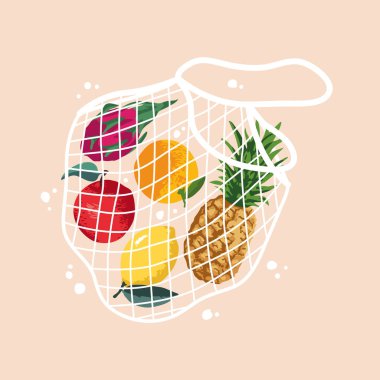 Parlak elma, ejderha meyvesi, limon, portakal ve ananasın yeniden kullanılabilir alışveriş poşetindeki vektör çizimi