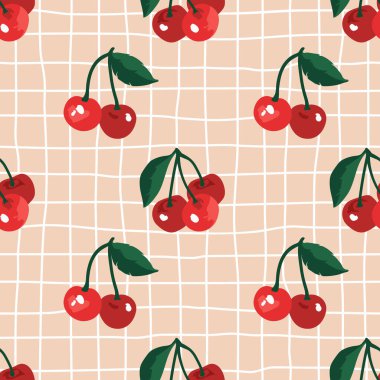 Retro geometri arka planında kirazlı kusursuz yaz şablonu.