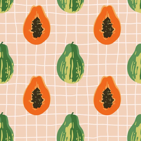 Vector Nahtloses Sommermuster Mit Papayas Auf Retro Geometrie Hintergrund — Stockvektor