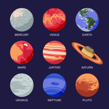 İzole güneş sistemi gezegenlerinin vektör çizimi: Merkür, Venüs, Dünya, Mars, Jüpiter, Satürn, Uranüs, Neptün, Plüton