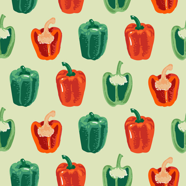 Векторный бесшовный рисунок с зеленым и красным перцем. Свиной и горячий