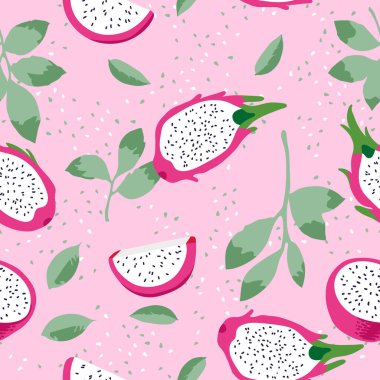 Ejderha meyvesi (pitaya), çiçek ve yapraklı vektör yaz deseni. Kusursuz doku tasarımı.