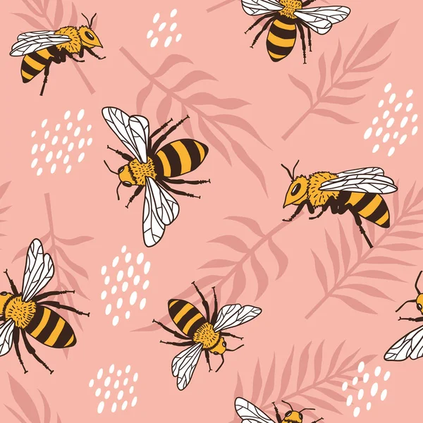 蜂や葉とベクトルシームレスパターン — ストックベクタ