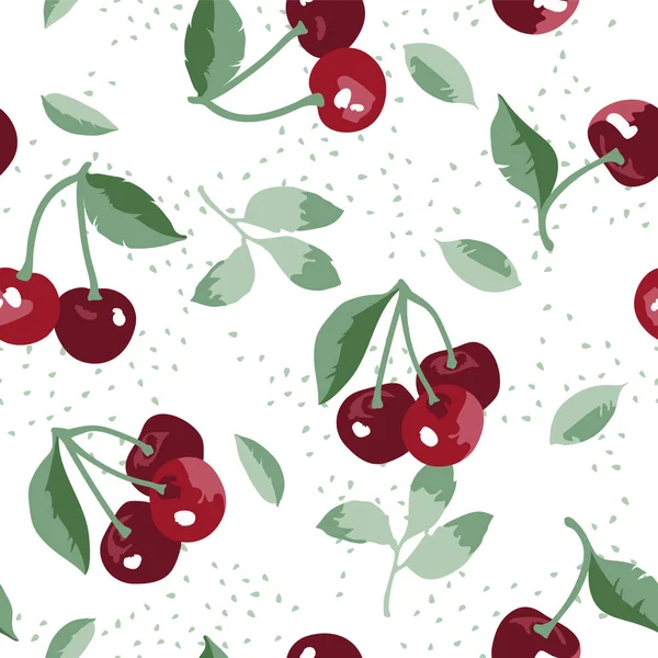 有甜樱桃 花和叶子的病媒夏季图案 无缝纹理设计 — 图库矢量图片#