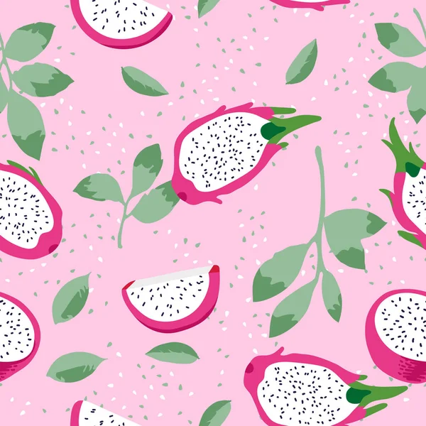 Διάνυσμα Καλοκαιρινό Μοτίβο Φρούτα Δράκου Pitaya Λουλούδια Και Φύλλα Σχεδιασμός — Διανυσματικό Αρχείο