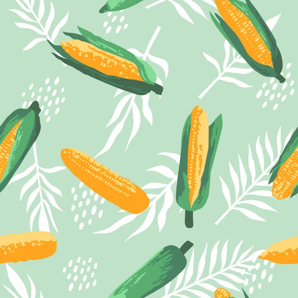 带甜玉米 花和叶子的病媒夏季花纹 无缝纹理设计 — 图库矢量图片#