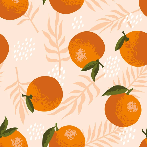 Векторний Літній Візерунок Апельсинами Квітами Листям Безшовний Дизайн Текстури — стоковий вектор