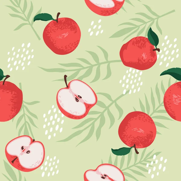 Patrón Vectorial Verano Con Manzanas Flores Hojas Diseño Textura Sin — Archivo Imágenes Vectoriales