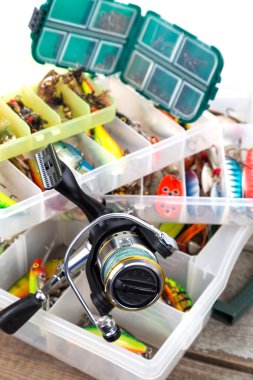 ishing lures ve plastik kutusunda yemler
