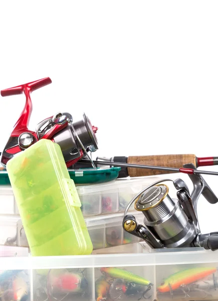 Pesca tacleadas y cebos en caja — Foto de Stock