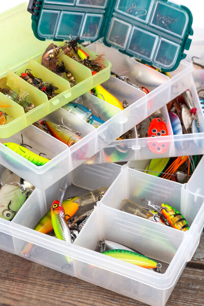 ishing lures and baits in plastic box