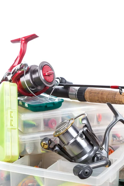 Fishing tackles and baits in box — Stock Photo, Image