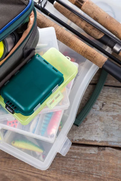 Fishing tackles and baits in box — Stock Photo, Image