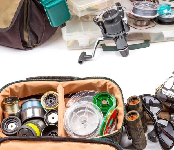 Fishing tackles composition in frame look from top — Stock Photo, Image