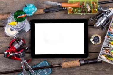 mockup çerçeve balıkçılık ele yemler üzerinde ahşap