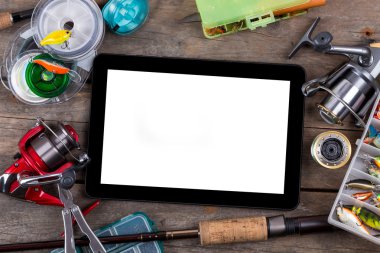 mockup çerçeve balıkçılık ele yemler üzerinde ahşap