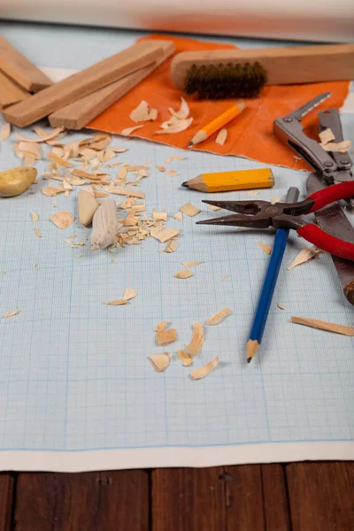 Tacos Pesca Madera Hechos Mano Papel Gráfico Fondo Con Herramientas —  Fotos de Stock