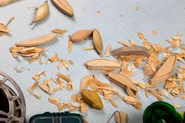 Handgemaakte Houten Hengels Grafiek Papier Achtergrond Met Gereedschappen Losse Flodders — Stockfoto